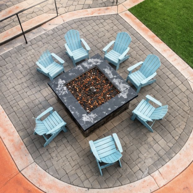 Aerial view of the fire pit circle with Adirondack chairs