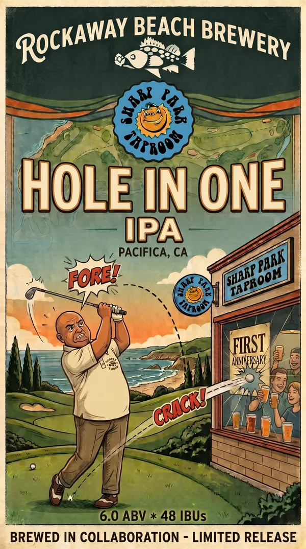 Hole In One IPA label: a golfer on a Pacifica course sends his shot through the window of Sharp Park Taproom's first-anniversary party